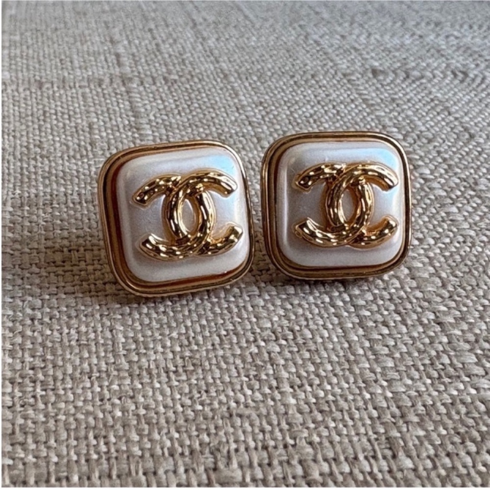 CHANEL Gold and White CC Square Earrings